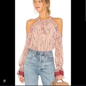 BcbgMaxazria women cold shoulder paisley printed blouse puff tied up Y2K M pink